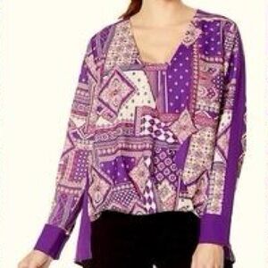 NEW IMAN Draped V Scoop Neck Purple Paisley Geometric Print Blouse long sleeve